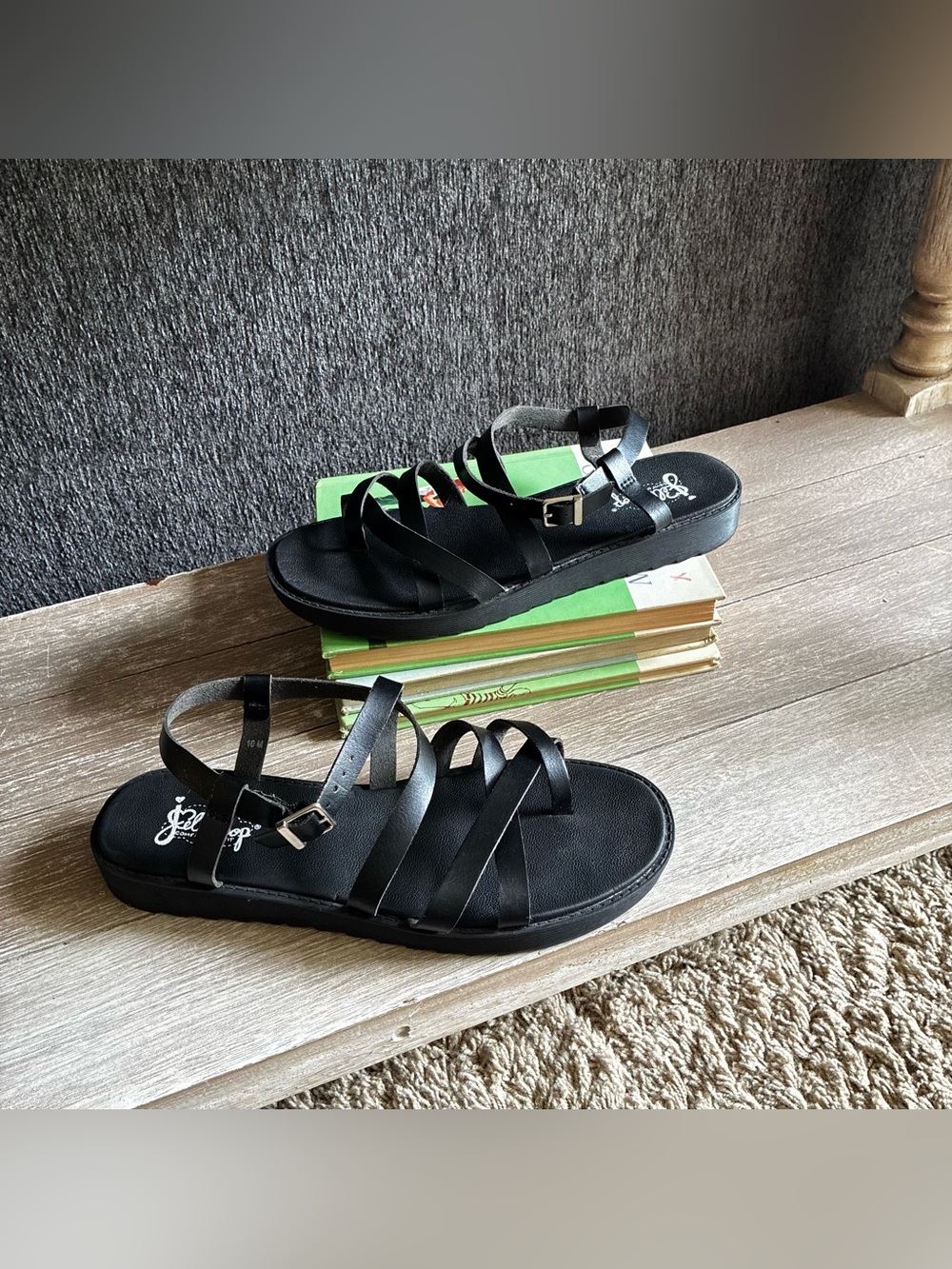 Jellypop Black Leather Strappy Sandals With toe Loop and Ankle Strap